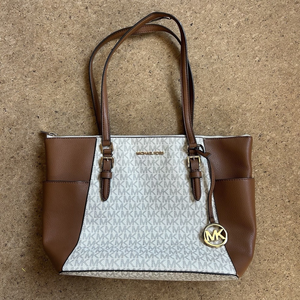 Michael Kors Charlotte Medium Logo Shoulder Bag Top Zip Tote Bag Vanilla